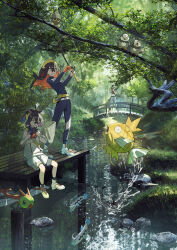  1boy 2girls absurdres alternate_color armband barboach bare_shoulders beak bird black_armband black_hair blue_gakuran blue_hair blue_jacket blue_shirt bob_cut breasts bridge brother_and_sister brown_eyes bug butterfly_net camera carmine_(pokemon) clenched_teeth closed_eyes closed_mouth collared_shirt colored_inner_hair crop_top crossed_bangs denim dock dragonfly dragonfly_wings fanny_pack fish fishing fishing_rod gloves gradient_hair grass grey_shirt grey_sports_bra hair_between_eyes hairband hand_net highres holding holding_butterfly_net holding_camera holding_fishing_rod insect_wings jacket jeans kieran_(pokemon) long_hair long_sleeves magikarp midriff mole mole_under_eye multicolored_hair multiple_girls navel necktie net off-shoulder_shirt off_shoulder open_mouth outdoors pants perrin_(pokemon) photographer pokemon pokemon_sv purple_hair red_gloves red_hair red_necktie ribbed_shirt river riverbank rock seedot shiny_pokemon shirt short_hair shorts siblings single_glove sleeveless sleeveless_shirt sports_bra starly sweatdrop taking_picture teeth tree two-tone_hair undershirt utkw_n water white_jacket white_shorts wings yanma yellow_bag yellow_eyes yellow_hairband 