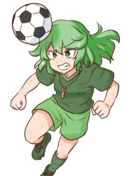  1girl ball bright_pupils clenched_teeth commentary commission foot_out_of_frame green_eyes green_hair green_shirt green_shoes green_shorts green_socks hair_between_eyes headbutt jewelry key key_necklace knee_up kneehighs medium_hair mizusoba necklace shirt shoes short_sleeves shorts simple_background soccer_ball socks solo sweat t-shirt teeth touhou v-shaped_eyebrows white_background white_pupils yamashiro_takane 