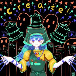  1girl absurdres arrow_(symbol) blue_hair building cube haniyasushin_keiki highres holding red_eyes self-upload solo tagme touhou wrell 