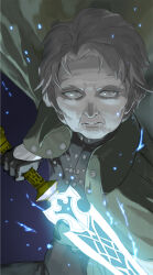  1girl coat glowing glowing_sword glowing_weapon highres holding holding_sword holding_weapon mushoku_tensei n_furaibou old old_woman pixie_cut reida_reia staring sword trench_coat weapon white_hair 