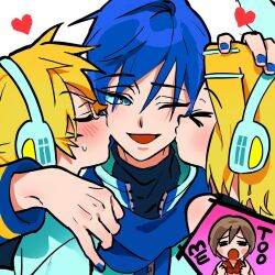  2boys 2girls affectionate arm_around_shoulder bisexual_male blonde_hair blue_eyes blue_hair blue_nails blush brown_hair english_text hand_on_another's_head headphones heart hetero kagamine_len kagamine_rin kaito kaito_(vocaloid) kiss kissing_cheek meiko meiko_(vocaloid) multiple_boys multiple_girls short_hair smile very_short_hair vivinos vocaloid yaoi 