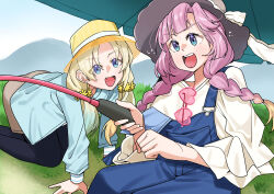  2girls all_fours anyoji_hime black_pantyhose blonde_hair blue_eyes blue_hair blue_jacket blue_overalls blue_shirt blue_umbrella blush braid commentary_request curtained_hair fang fishing fishing_rod flower goldluck gradient_hair grass grey_hat hair_flower hair_ornament hat highres holding holding_fishing_rod jacket layered_sleeves link!_like!_love_live! long_sleeves love_live! low_twin_braids low_twintails mira-cra_park! multicolored_hair multiple_girls official_alternate_costume open_mouth osawa_rurino outdoors overalls pantyhose pink_hair shirt sitting sun_hat teeth twin_braids twintails umbrella upper_teeth_only v-shaped_eyebrows virtual_youtuber yellow_flower 