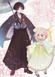 1boy 1girl alternate_costume alternate_hairstyle animal_print aomattya asymmetrical_sidelocks black_bow black_cloak black_gloves black_hair black_pants black_sandals blue_cloak blue_kimono blue_sleeves blue_umbrella blunt_ends blush bow bright_pupils brown_shoes bun_with_braided_base butterfly_print cloak closed_mouth cross-shaped_pupils eyeliner eyeshadow feathers floral_background floral_print floral_print_kimono flower frilled_sleeves frills genshin_impact gloves gold_trim gradient_cloak green_eyes green_hair green_hakama green_hat green_kimono green_sash hair_between_eyes hair_bun hair_flower hair_ornament hakama hakama_pants hakama_skirt haori_himo hat hat_bow height_difference highres holding holding_umbrella japanese_clothes kimono lace-trimmed_sash layered_sleeves leaf leaf_hair_ornament long_sleeves looking_at_viewer makeup mandarin_collar nahida_(genshin_impact) open_mouth outstretched_arms pants pigeon-toed pink_flower pointy_ears print_kimono purple_sleeves red_eyeliner red_eyeshadow rose rose_print sandals sash scaramouche_(genshin_impact) shirt shoes short_hair sidelocks skirt spread_arms stole symbol-shaped_pupils tabi tsurime umbrella undershirt violet_eyes wanderer_(genshin_impact) white_background white_hair white_pupils white_shirt wide_sleeves yellow_bow yellow_feathers yellow_sash zouri 