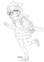  1girl bag borrowed_accessory choker ear_piercing glasses highres holding holding_phone hood hoodie long_hair mudou_eichi original phone piercing shoes sneakers solo 