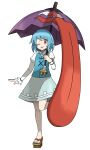  absurdres asatsuki_(fgfff) blue_hair blue_skirt blue_vest flat_chest full_body geta highres holding holding_umbrella juliet_sleeves long_sleeves no_socks puffy_sleeves purple_umbrella red_eyes shirt short_hair skirt standing standing_on_one_leg sugimori_ken_(style) tatara_kogasa tongue tongue_out touhou transparent_background umbrella vest white_shirt 