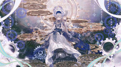  2girls absurdres analog_clock back-to-back black_dress blue_cape blue_eyes blue_gemstone blue_gloves blue_scarf blue_skirt bonnet braid cape chin_strap chinese_commentary circlet clock clock_hair_ornament clock_hands closed_eyes closed_mouth collar dress dual_persona ear_covers earrings elbow_gloves expressionless frilled_bonnet frilled_shirt_collar frills full_body gear_halo gear_print gears gem gloves grey_hair hair_between_eyes halo hands_on_own_knees heterochromia highres jewelry layered_dress leaning_on_person light_particles long_dress long_hair long_skirt long_sleeves looking_at_viewer man_chuan_chuan multiple_girls original pointy_ears puffy_long_sleeves puffy_sleeves red_eyes scarf see-through_cape see-through_cleavage see-through_clothes shirt side_braids silver_collar sitting skirt star_(symbol) stole sunburst very_long_hair watermark weibo_watermark white_dress white_shirt 