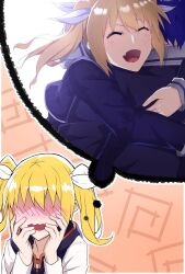  1boy 1girl :d ^_^ arimura_hinae black_hood black_jacket black_vest blazer blonde_hair blue_hair blush casual chaos;child closed_eyes collared_shirt cropped_jacket dress_shirt fang from_behind hair_between_eyes hair_ornament hair_ribbon happy hekiho_academy_school_uniform hood hooded_vest hoodie hug imagining jacket light_blush lightm1004 long_hair long_sleeves miyashiro_takuru no_eyes open_mouth ribbon school_uniform science_adventure shaded_face shirt skin_fang smile tongue twintails two_side_up upper_body vest wavy_mouth white_hood white_shirt 