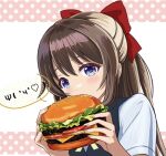  1girl black_jacket blue_eyes border bow brown_hair burger eating food hair_bow heart highres jacket long_hair looking_at_viewer love_live! love_live!_nijigasaki_high_school_idol_club nijigasaki_academy_school_uniform ousaka_shizuku pink_border polka_dot_border ponytail red_bow school_uniform solo speech_bubble white_background zaofeng 