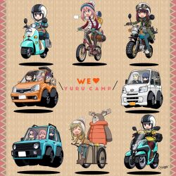  backpack bag bicycle black_hair blue_eyes boots car character_request commentary denim glasses goggles grey_hair gt_ojisan helmet highres inuyama_akari inuyama_aoi jacket jeans kagamihara_nadeshiko kagamihara_sakura long_hair motor_vehicle motorcycle multiple_girls on_motorcycle oogaki_chiaki pants pantyhose patterned_background pink_hair saitou_ena scarf shima_rin shorts signature toba_minami toki_ayano vest white_vest yurucamp 