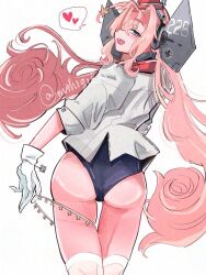  1girl black_one-piece_swimsuit competition_swimsuit drum_(kancolle) from_behind garrison_cap gloves groin hat headgear jacket kantai_collection kneehighs long_hair mihigidari military_hat one-piece_swimsuit open_mouth pink_hair pink_hat socks solo swimsuit twintails violet_eyes white_gloves white_jacket white_socks 