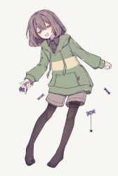  1other alternate_costume black_pantyhose black_shirt brown_hair brown_shorts bug candy chara_(undertale) collared_shirt food full_body green_hoodie half-closed_eyes holding holding_candy holding_food hood hoodie looking_at_viewer medium_hair no_shoes okura_0915 open_mouth other_focus pantyhose red_eyes shirt shorts simple_background smile solo spider striped_clothes striped_hoodie undertale utdr_(toby_fox) v-shaped_eyebrows white_background 