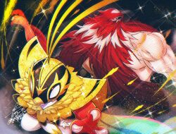  1boy animal_head bird bird_mask blank_eyes boots claws fatal_fury fatal_fury:_city_of_the_wolves furry hawlucha highres luchador luchador_mask male_focus mask mega_hawlucha mega_pokemon muscular muscular_male pectorals plume pokemon pokemon_(creature) pokemon_legends:_z-a simple_background snk spandex sudachi0315 tizoc_(snk) topless_male wing_cape wrestler wrestling wrestling_mask wrestling_outfit 