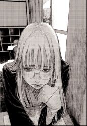  1girl blush chair classroom collared_shirt desk elbow_rest from_above glasses greyscale hair_behind_ear hatching_(texture) highres holding holding_pencil jacket journal leaning_forward lips long_hair long_sleeves looking_to_the_side mechanical_pencil monochrome necktie original owk_bsh_yy pencil ribbed_sweater school_chair school_desk school_uniform screentones shelf shirt sitting solo sweater sweater_vest window wispy_bangs 