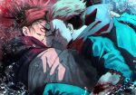  2boys akigiri_pp black_eyes black_hair black_jacket black_vest blood choso_(jujutsu_kaisen) clenched_teeth facial_tattoo highres hood hood_down hoodie itadori_yuuji jacket jujutsu_kaisen male_focus multiple_boys pink_hair profile red_hoodie short_hair short_twintails tattoo teeth torn_sleeve twintails undercut upper_body v-shaped_eyebrows vest water water_drop white_jacket wide_sleeves 