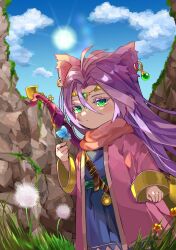  1boy androgynous animal_ears belt blue_flower blue_robe blue_sky brown_belt circlet clouds colored_eyelashes commentary_request dandelion day dragon_quest dragon_quest_x earrings floating_hair flower foster_(dq10) gem gold_circlet gold_earrings grass green_eyes green_gemstone highres holding holding_flower hoop_earrings instrument jacket jewelry kinondq10 long_hair looking_at_viewer looking_to_the_side male_focus outdoors pink_jacket pink_scarf purple_hair robe rock scarf sky solo sphere_earrings yellow_flower 