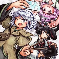  3others androgynous anniversary ascot bare_arms black_coat black_eyes black_hair black_hat black_kimono blush brown_ascot brown_coat celebration cellphone checkered_background chikafumikou claw_pose coat collarbone collared_coat collared_shirt copyright_name cowboy_shot crumbs dress enraku_tsubakura expressionless eye_of_senri eyelashes fingernails food green_hakama grey_eyes grey_hair hair_between_eyes hakama happy hat highres holding holding_food holding_phone holding_sign houlen_yabusame japanese_clothes jinbei_(clothes) kimono lapels layered_sleeves len&#039;en long_sleeves looking_at_viewer messy_hair mouth_hold multiple_others neck_ribbon notched_lapels one_eye_closed open_mouth other_focus party_popper phone pink_eyes pink_hair pocky puffy_short_sleeves puffy_sleeves red_ribbon ribbon ribbon-trimmed_coat ribbon_trim shion_(len&#039;en) shirt short_hair_with_long_locks short_over_long_sleeves short_sleeves sidelocks sign sleeveless sleeveless_coat smartphone smile taking_picture top_hat triangular_headpiece two-sided_fabric two-sided_headwear upside-down white_background white_dress white_shirt wide_sleeves 