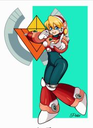  1girl alia_(mega_man) armor artist_name blonde_hair blue_eyes full_body highres mega_man_(series) mega_man_x_(series) pink_armor pointing pointing_at_viewer poko589 solo white_background 