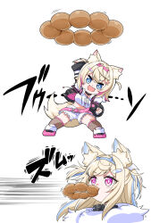  2girls :3 animal_collar animal_ears arm_up bandaid bandaid_hair_ornament belt blue_eyes chibi collar commentary_request dog_ears dog_girl dog_tail doughnut dragon_ball fake_horns food fur-trimmed_jacket fur_trim fuwawa_abyssgard fuwawa_abyssgard_(1st_costume) hair_ornament hololive hololive_english horns jacket kienzan long_hair looking_at_viewer mococo_abyssgard mococo_abyssgard_(1st_costume) motion_lines multicolored_hair multiple_girls open_mouth oversized_food oversized_object parody pink_belt pink_eyes pon_de_ring sasaki_soujuurou short_hair shorts simple_background sound_effects sound_effects_only standing streaked_hair tail virtual_youtuber white_background white_shorts x_hair_ornament 