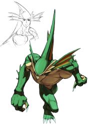  1boy closed_mouth colored_skin commentary darkstalkers english_commentary fingernails fins fish_boy full_body green_skin head_fins highres looking_to_the_side male_focus mecha_cell multiple_views rikuo_(darkstalkers) sharp_fingernails sideways_glance sketch_inset white_background 