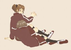  2girls :o black_scrunchie black_socks brown_eyes brown_hair den from_behind hug hug_from_behind kneehighs long_hair long_sleeves looking_back multiple_girls original red_track_suit scrunchie shoes shorts side_ponytail socks track_suit uwabaki 