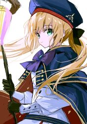  1girl artoria_caster_(fate) artoria_caster_(second_ascension)_(fate) artoria_pendragon_(fate) belt black_bow black_gloves blonde_hair blue_belt blue_cape blue_hat bow bowtie cape closed_mouth dress fate/grand_order fate_(series) floating_hair gloves gold_trim green_eyes hair_bow hat highres holding holding_staff long_hair long_sleeves purple_bow purple_bowtie red_cape simple_background smile solo staff syst098 twintails two-tone_cape white_background white_dress 