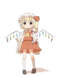  1girl ascot backpack bag blonde_hair brown_shoes closed_mouth collared_shirt commentary_request crime_prevention_buzzer crystal crystal_wings flandre_scarlet flower full_body hat hat_ribbon highres kneehighs kyuukei_usagi mob_cap multicolored_wings one_side_up red_eyes red_skirt red_vest ribbon shirt shoes simple_background skirt skirt_set socks solo stuffed_animal stuffed_toy teddy_bear touhou vest white_background white_hat white_shirt white_socks wings yellow_ascot 