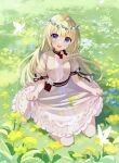  1girl antenna_hair blonde_hair blue_eyes bug butterfly commission copyright_request dress field flower flower_field head_wreath highres long_hair looking_at_viewer no_(lf8_3) puffy_sleeves sitting skeb_commission smile solo wariza white_butterfly 