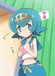  1girl bathroom blue_eyes blue_hair bright_pupils closed_mouth flying_sweatdrops freckles frown hairband highres lana_(pokemon) navel pokemon pokemon_(game) pokemon_sm rascal shirt short_hair sleeveless sleeveless_shirt solo tareme white_pupils white_shirt yellow_hairband 