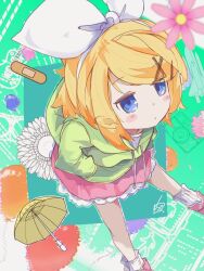  1girl bandaid blonde_hair blue_eyes blurry blurry_foreground blush_stickers bow_hairband commentary_request flower frilled_skirt frills hair_ornament hairband hairclip hands_in_pockets hood hood_down hoodie jitome kagamine_rin kagamine_rin_(melancholy) leaning_forward long_sleeves looking_at_viewer melancholic_(vocaloid) project_diva_(series) skirt socks solo umbrella vocaloid vorusan_(volver39) x_hair_ornament 