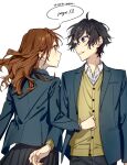  1boy 1girl arm_at_side black_skirt blazer blue_eyes blue_hair brown_cardigan brown_hair buttons cardigan closed_mouth collared_shirt commentary_request copyright_name cowboy_shot eye_contact hagiwara_daisuke hori-san_to_miyamura-kun hori_kyouko jacket lapels long_hair long_sleeves looking_at_another miyamura_izumi notched_lapels open_clothes open_jacket orange_eyes pleated_skirt shirt short_hair simple_background skirt smile teeth white_background 