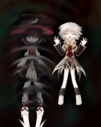  2others ^_^ androgynous ankle_socks ascot bare_legs bare_shoulders black_background black_coat black_eyes black_hair black_hat black_kimono black_shorts black_socks boots bright_pupils brown_ascot brown_boots brown_coat closed_eyes closed_mouth coat coattails collared_coat collared_shirt collared_socks detached_sleeves enraku_tsubakura expressionless eye_of_senri full_body green_hakama grey_hair hair_between_eyes hakama hakama_short_skirt hakama_skirt hands_up happy hat highres houlen_yabusame japanese_clothes jinbei_(clothes) kimono lapels layered_sleeves len&#039;en long_sleeves looking_at_viewer multiple_others neck_ribbon notched_lapels open_mouth other_focus puffy_short_sleeves puffy_sleeves red_ribbon red_sandals reflection reflection_focus renlei_jing_shi_wo_ziji ribbon ribbon-trimmed_coat ribbon_trim ripples sandals shirt short_hair short_hair_with_long_locks short_kimono short_over_long_sleeves short_sleeves shorts sidelocks skirt sleeveless sleeveless_coat sleeveless_shirt sleeves_past_fingers sleeves_past_wrists smile socks standing tabi top_hat two-sided_fabric two-sided_headwear white_pupils white_shirt white_sleeves white_socks wide_sleeves zouri 