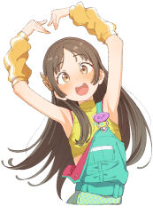  1girl :d armpits blush brown_eyes brown_hair eitopondo eyelashes flat_chest gakuen_idolmaster heart_arms highres idolmaster kuramoto_china long_hair simple_background smile suspenders teeth upper_teeth_only white_background 