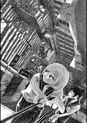  2girls absurdly_detailed_composition absurdres apartment building city climbing climbing_rope commentary_request complex_exterior double_bun from_above greyscale hair_bun highres ibsukionsen landscape monochrome multiple_girls original scenery school_uniform window 