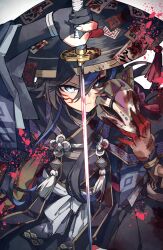  1boy absurdres asa_no_ha_(pattern) black_sclera blood colored_sclera facial_mark fox_mask hair_between_eyes hat highres japanese_clothes jingasa katana kurotobi_(p&amp;d) kuuron_(moesann17) male_focus mask mismatched_sclera puzzle_&amp;_dragons samurai sayagata solo sword tassel weapon 