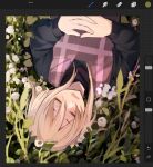  1girl art_program_in_frame blonde_hair closed_eyes flipped_hair flower from_above grass hair_between_eyes hands_on_own_stomach head_tilt highres long_sleeves lying madproject6 medium_hair on_back on_grass open_mouth own_hands_together procreate_(software) sidelocks sleeping solo sweater turtleneck turtleneck_sweater upper_body upside-down urotsuki wavy_mouth yume_2kki 