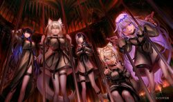  5girls :d animal_ears asymmetrical_horns atsuki0814 bandaid bandaid_hair_ornament bilingual_commentary black_hair black_wings blonde_hair blue_eyes blue_hair blue_hairband center-flap_bangs closed_mouth colored_inner_hair commentary copyright_notice crossed_bangs detached_wings dog_ears dog_girl dog_tail double-parted_bangs dress english_commentary feathered_wings flower fuwawa_abyssgard gem gradient_hair grey_dress hair_between_eyes hair_flaps hair_ornament hairband hairclip headpiece holoadvent hololive hololive_english horn_flower horn_hairband horns indoors jewel_under_eye juliet_sleeves koseki_bijou long_dress long_hair long_sleeves looking_at_viewer low_wings metal_wings mixed-language_commentary mococo_abyssgard multicolored_hair multiple_girls nerissa_ravencroft official_art open_mouth parallel_hairclips pink_eyes pink_hair pink_hairband pointing pointing_at_viewer puffy_sleeves purple_gemstone purple_hair shiori_novella short_dress short_hair side_slit sidelocks sleeves_past_wrists smile split-color_hair squatting standing straitjacket streaked_hair tail thigh_strap two_side_up uneven_horns very_long_hair violet_eyes virtual_youtuber wings x_hair_ornament yellow_eyes 