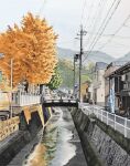  bridge building canal fence highres mountainous_horizon no_humans original power_lines realistic scenery toirom_pmxh tree utility_pole 