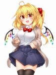  1girl ahoge bat_wings black_thighhighs blonde_hair blue_skirt blush bow breasts brown_cardigan cardigan collared_shirt commentary crystal dot_nose dress_shirt eyes_visible_through_hair fang flandre_scarlet hair_between_eyes hair_ornament hair_scrunchie happy highres large_breasts long_sleeves looking_at_viewer marukyuu_ameya medium_hair miniskirt nail_polish open_cardigan open_clothes open_mouth pleated_skirt pointy_ears ponytail red_bow red_eyes red_nails red_scrunchie school_uniform scrunchie shirt shirt_tucked_in side_ponytail simple_background skin_fang skirt solo thick_eyelashes thigh-highs thighs tongue touhou uniform white_background white_shirt wings zettai_ryouiki 