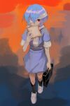  1girl absurdres ayanami_rei bandage_over_one_eye black_socks blue_hair bread food full_body highres multicolored_background neon_genesis_evangelion red_eyes red_ribbon ribbon school_uniform short_hair socks sola_(sola4kur) solo tokyo-3_middle_school_uniform walking white_footwear 