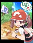  1girl :3 :d backpack bag baseball_cap blue_sky brown_eyes brown_hair clouds day eevee elaine_(pokemon) grass hat highres holding holding_poke_ball kanto_route_1 mew_(pokemon) open_mouth outdoors path poke_ball poke_ball_(basic) pokemon pokemon_(creature) pokemon_(game) pokemon_lgpe ponytail rascal rattata red_headwear short_hair short_sleeves sign sky smile solo speech_bubble two-tone_headwear white_headwear 