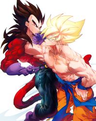  black_hair blue_eyes blue_sash closed_mouth dougi dragon_ball dragon_ball_gt dragon_ball_z gloves highres long_hair male_focus monkey_boy monkey_tail multiple_boys muscular ommmyoh pants red_fur saiyan sash son_goku spiky_hair super_saiyan super_saiyan_1 super_saiyan_4 tail twitter_username vegeta 