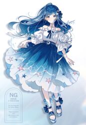  1girl artist_name bare_shoulders blue_eyes blue_hair blue_hairband blue_sandals blue_skirt dated floating_hair full_body gradient_clothes gradient_skirt hairband hasibasann highres jewelry long_hair long_skirt looking_at_viewer multicolored_skirt necklace off-shoulder_shirt off_shoulder original puffy_sleeves sandals shirt signature skirt solo watermark white_shirt white_skirt 