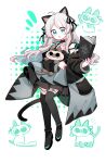  1girl :o absurdres akaruku animal animal_ears arknights bare_shoulders black_dress black_footwear black_jacket black_ribbon black_thighhighs blonde_hair book cat cat_ears cat_girl cat_tail chinese_commentary commentary_request dress green_eyes hair_ribbon highres holding holding_animal holding_book holding_cat jacket layered_dress long_hair looking_at_viewer mint_(arknights) mint_(elite_ii)_(arknights) off_shoulder open_mouth ribbon siamese_cat simple_background solid_circle_eyes solo tail thigh-highs white_background 