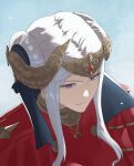  1girl blue_background breasts double_bun edelgard_von_hresvelg english_commentary expressionless fire_emblem fire_emblem:_three_houses from_above hair_bun headpiece horns medium_breasts pomelomelon portrait short_hair simple_background solo violet_eyes white_hair 