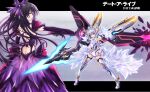  2girls alternate_costume armor armored_dress blue_eyes butt_crack dark_persona date_a_live dress elbow_gloves gloves highres holding holding_weapon long_hair mecha_musume miying_(13975192760) multiple_girls polearm purple_dress purple_hair short_hair spear tobiichi_origami violet_eyes weapon white_hair yatogami_tenka yatogami_tooka 