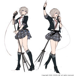  1girl absurdres arm_up black_jacket black_shoes black_socks blazer blue_eyes collared_shirt commentary concept_art english_commentary ezu_(leejiyu) full_body grey_hair grey_skirt high_heels highres holding holding_microphone holding_microphone_stand jacket king&#039;s_raid microphone microphone_cord microphone_stand multiple_views necktie plaid_clothes plaid_skirt red_necktie school_uniform shirt shoes short_hair skirt socks white_shirt wristband 