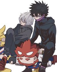  2boys all_might ametaro_(ixxxzu) black_footwear black_hair black_hoodie black_jacket black_pants blue_eyes boku_no_hero_academia burn_scar cheek_piercing dabi_(boku_no_hero_academia) endeavor_(boku_no_hero_academia) grey_hair hood hooded_jacket hoodie jacket male_focus multiple_boys multiple_scars pants red_eyes red_footwear scar scar_on_face shigaraki_tomura short_hair simple_background spiky_hair staple stapled white_background wrinkled_skin 