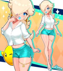  1girl aran_shorts blonde_hair blue_eyes blue_lips earrings hair_over_one_eye highres jewelry long_hair luma_(mario) mario_kart rosalina shirt shoes star_(symbol) star_earrings super_mario_bros. super_mario_galaxy white_shirt white_shoes 