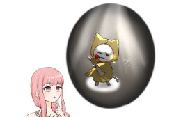  1girl :o ahoge animal bare_shoulders blunt_bangs bow bowtie brown_eyes cape_hold cat cloak clothed_animal collarbone commentary_request dot_nose ear_covers eyelashes finger_to_cheek flower flower_in_mouth highres hood hood_up hooded_cloak imagining kohanai_setsuna light_blush light_particles long_hair looking_ahead momo_(nikki) nikki_(nikki) nikki_(series) parted_lips pink_hair red_bow red_bowtie red_flower red_rose rose shining_nikki sidelocks simple_background speech_bubble spotlight thorns thought_bubble upper_body whiskers white_background white_cat yellow_cloak 