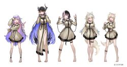  5girls :d ;d ;p alternate_costume animal_ears arms_behind_back asymmetrical_horns atsuki0814 bandaged_leg bandages bandaid bandaid_hair_ornament barefoot bilingual_commentary black_hair black_wings blonde_hair blue_eyes blue_hair blue_hairband center-flap_bangs closed_mouth colored_inner_hair commentary copyright_notice crossed_bangs detached_wings dog_ears dog_girl dog_tail double-parted_bangs dress english_commentary feathered_wings flower full_body fuwawa_abyssgard gem gradient_hair grey_dress grey_shirt grey_skirt hair_between_eyes hair_flaps hair_ornament hairband hairclip hand_up hands_up headpiece holoadvent hololive hololive_english horn_flower horn_hairband horns jewel_under_eye juliet_sleeves koseki_bijou long_dress long_hair long_sleeves low_wings metal_wings miniskirt mixed-language_commentary mococo_abyssgard multicolored_hair multiple_girls nerissa_ravencroft official_art one_eye_closed open_mouth parallel_hairclips pink_eyes pink_hair pink_hairband puffy_sleeves purple_gemstone purple_hair shiori_novella shirt short_dress short_hair side_slit sidelocks simple_background skirt smile split-color_hair straitjacket streaked_hair tail thigh_strap tongue tongue_out two_side_up uneven_horns very_long_hair violet_eyes virtual_youtuber white_background wings x_hair_ornament yellow_eyes 